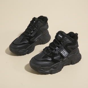 明星同款加绒老爹鞋女2025新款冬季加厚雪地靴保暖运动大棉鞋黑色