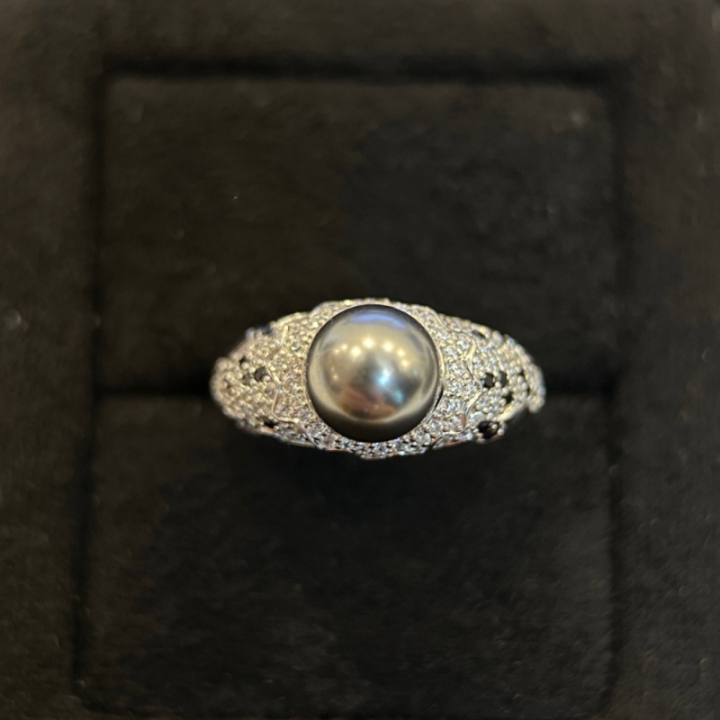 轻奢气质高级感新品灰珍珠·渐变满镶钻戒指潮流开口戒指