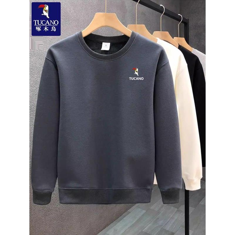 卫衣啄木鸟春秋冬季男士圆领中年男新款加绒纯棉打底衫休闲白色