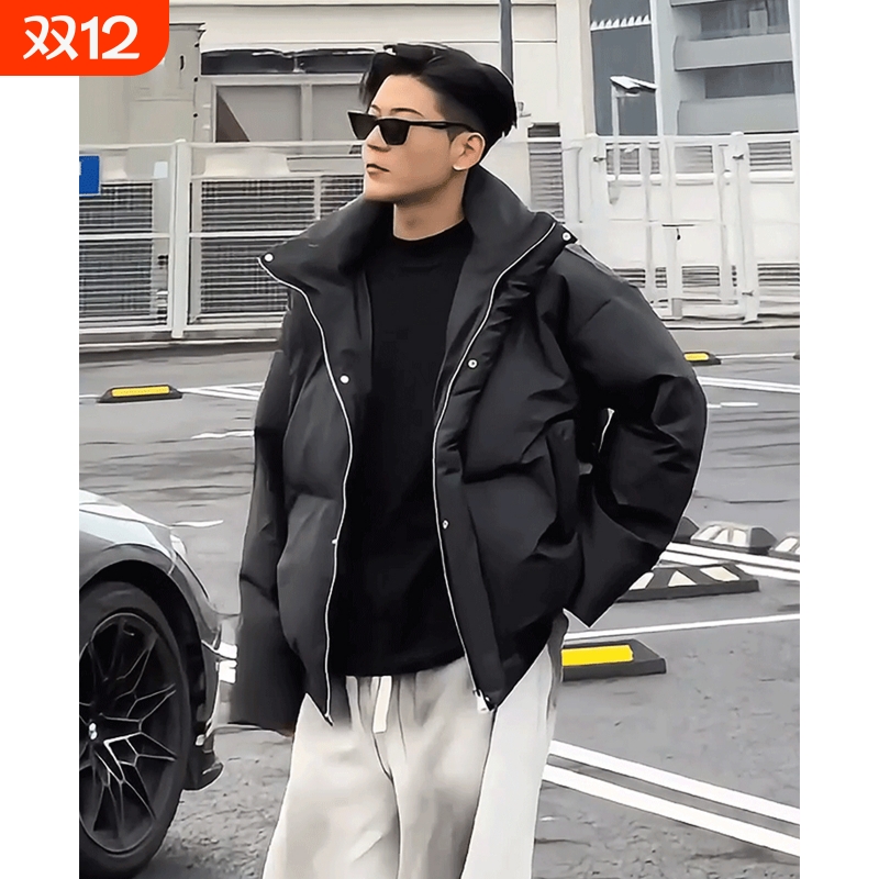 美式pu皮短款羽绒服男款冬季加厚面包服高级感痞帅棉衣ins潮黑色
