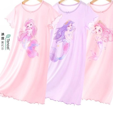 儿童夏季睡裙女童中长款卡童美人鱼连衣裙中大童冰丝睡衣家居服女