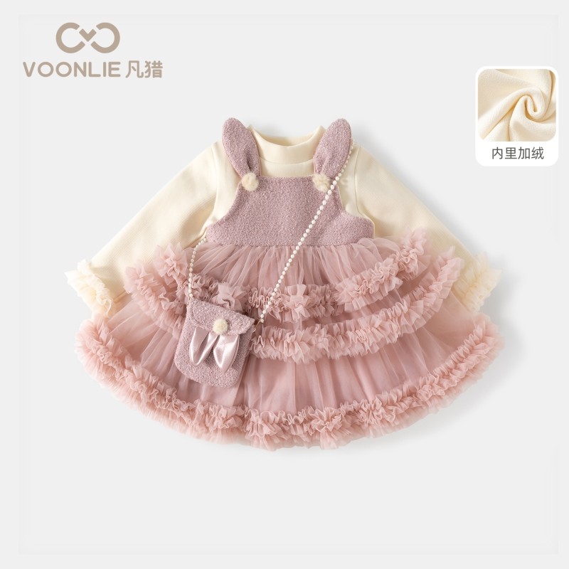 凡猎女童连衣裙冬装洋气儿童公主加绒背带裙女宝宝一周岁礼服冬季
