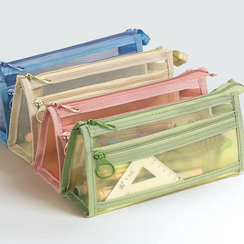 笔袋透明网纱学生考试专用文具袋儿童铅笔袋双层立体大容量文具盒男女