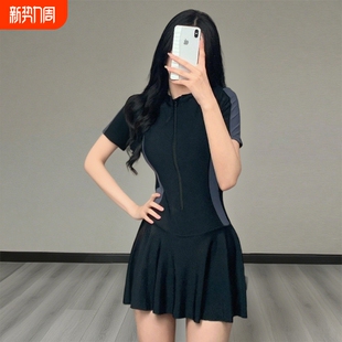 保守连体泳衣女裙式 运动衣显瘦简约温泉黑色女士夏竞速游泳衣批发