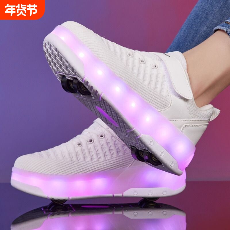 迪森图新款男童女童可发光四轮轮滑鞋双用可拆卸儿童运动鞋耐磨