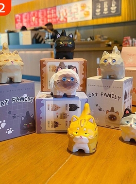 原创卡通木雕风猫咪树脂小摆件公仔潮玩车载装饰品居家桌面摆饰品