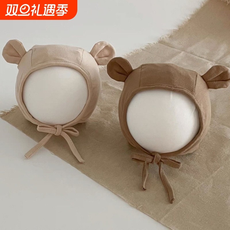 小熊新生婴儿春秋薄款胎帽纯棉护耳帽无骨可爱宝宝套头帽子0-10月