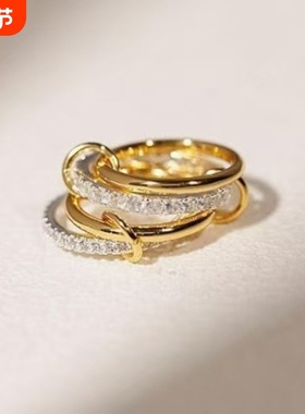 亚马逊新品堆叠立方氧化锆戒指18k金钛钢厚实高光泽金银双拼戒指