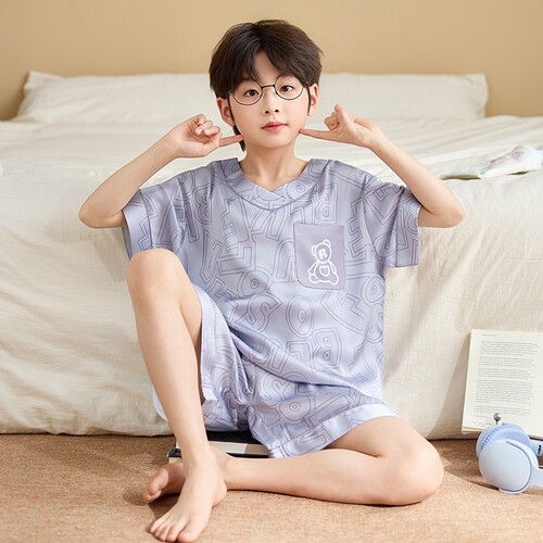 夏季薄款冰丝卡通小男孩睡衣套装