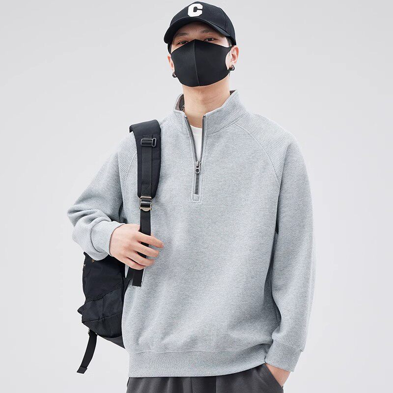 HIGH-QUALITY HALF-ZIPPER SWEATSHIRT MENS SPRING AUTUMN AND WINTER 2025 LOOSE TRENDY BRAND PULLOVER STAND-UP COLLAR UNDERSHIRT PLUS FLEECE TRAINING