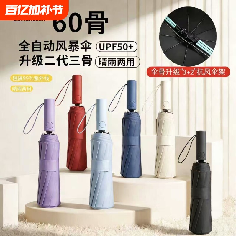 全自动折叠雨伞女男士晴雨两用防紫外线纤维超大蓝色骨架伞骨纯色