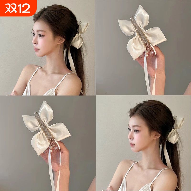 复古轻奢高端法式蝴蝶结发夹水钻刘海夹子侧边发卡头饰女飘带香蕉