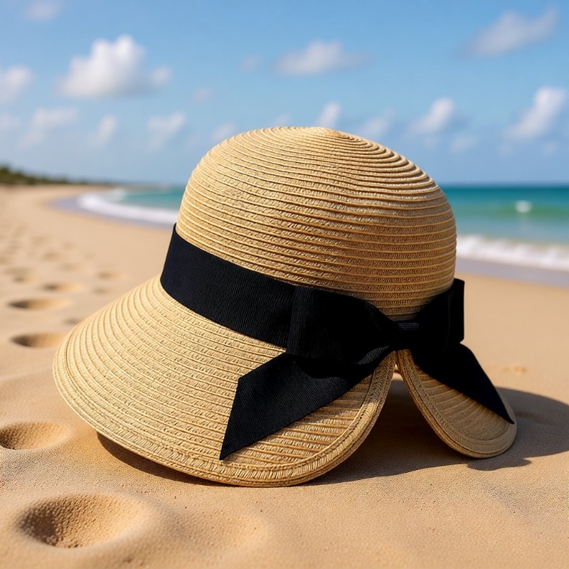 草帽海边遮阳帽子可折叠扎马尾蝴蝶结显脸小防晒太阳帽大檐帽氛围