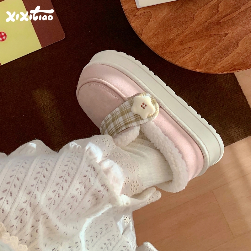 细细条格子星星乐福棉拖鞋