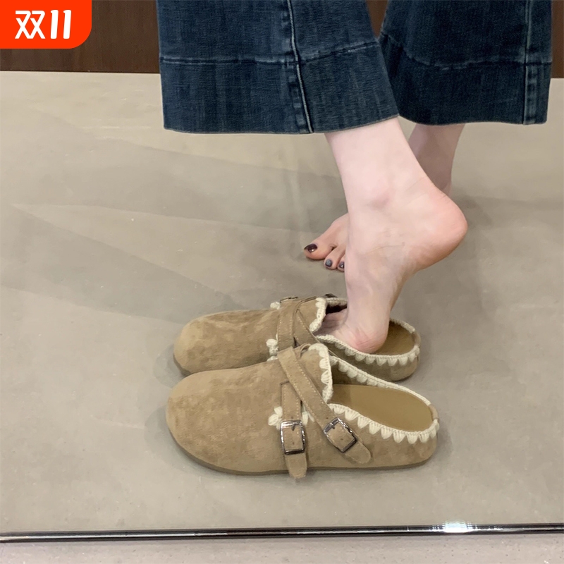 软底勃肯鞋女2025秋季新款一脚蹬包头半拖鞋外穿孕妇拖鞋单鞋毛绒