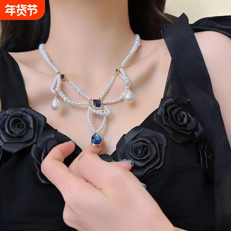 古风汉服仿珍珠多层蓝色宝石项链女复古宫廷风锁骨链敦煌配饰百搭