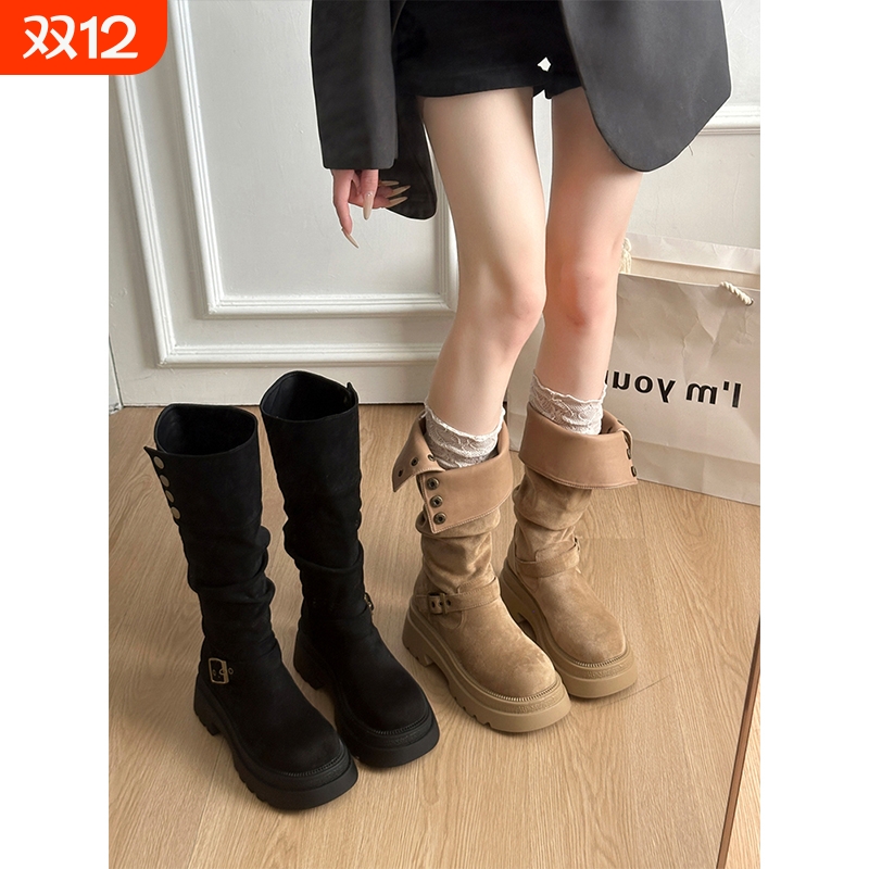 两穿长筒靴子女2025秋冬新款厚底绒面堆堆靴增高骑士靴高跟高筒