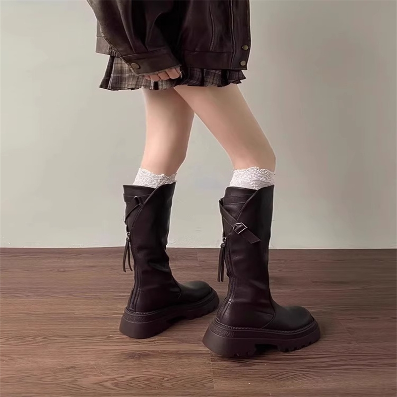 棕色小个子显瘦厚底靴子女长筒靴2025新款秋季不过膝长靴潮高筒