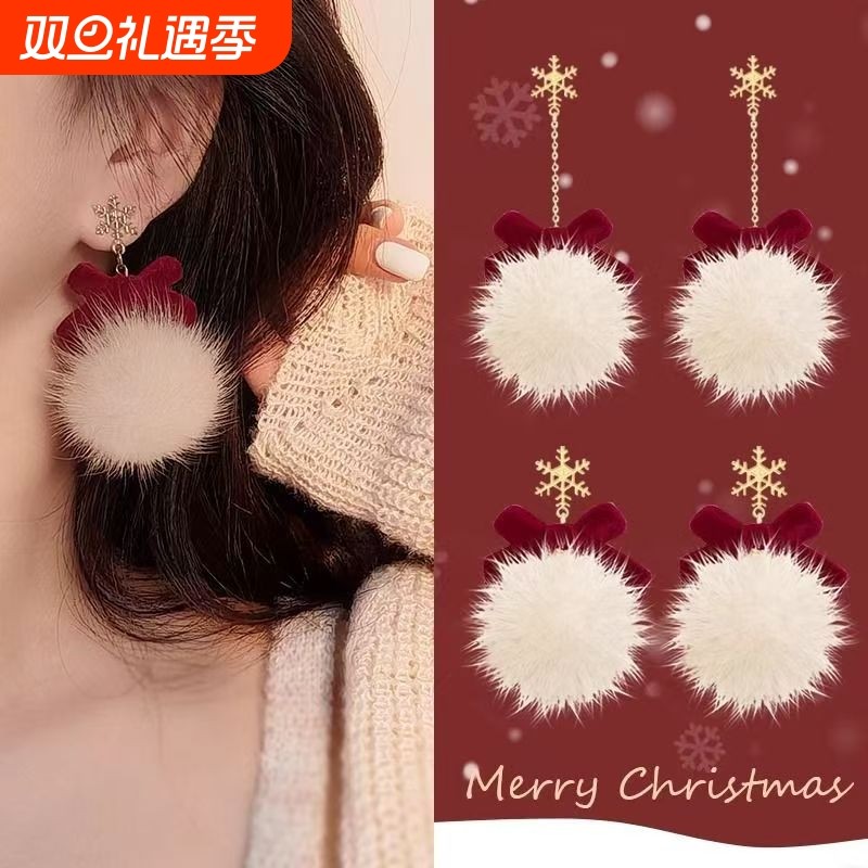 圣诞耳饰秋冬毛茸茸新款红色蝴蝶结耳钉女新年毛绒绒耳环