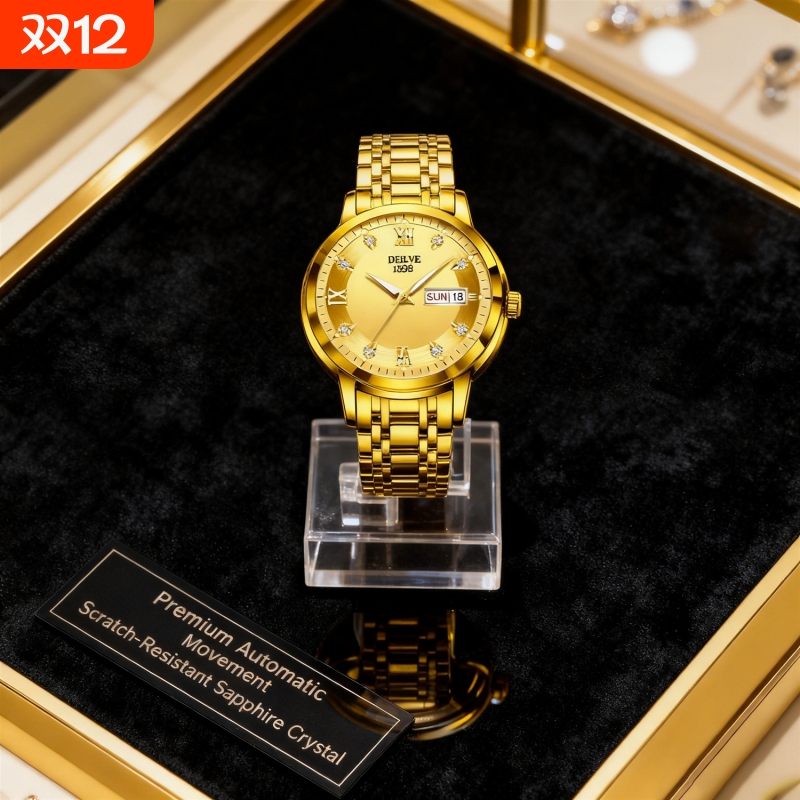 手表男款机械风全自动防水高级感全自动男表数字双日历防水腕表男