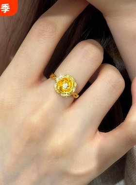 古法金色点钻玫瑰花戒指