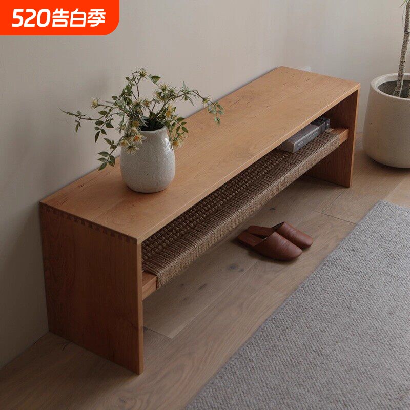 北欧黑胡桃木餐桌长凳子日式樱桃木床尾凳诧寂风双层换鞋凳复古