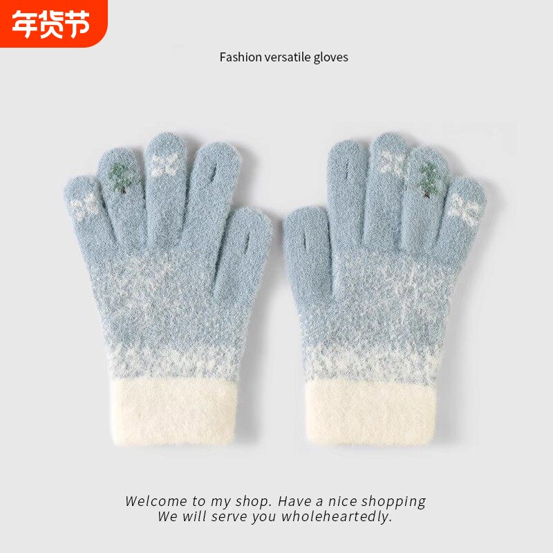 毛线手套女冬季防寒加厚可爱学生露指骑行保暖防风可触屏针织骑车