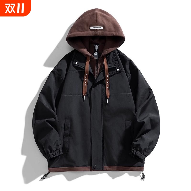 假两件休闲外套男士春秋季新款大码学生工装夹克连帽宽松潮牌痞帅