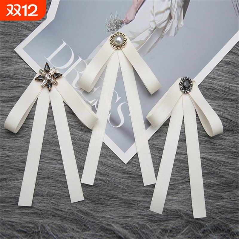 衬衫白色蝴蝶结装饰女韩版珍珠领结飘带配饰职业领花系带别针