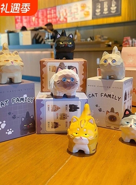 原创卡通木雕风猫咪树脂小摆件公仔潮玩车载装饰品居家桌面摆饰品