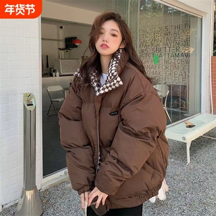户外棋盘格棉服外套女2022冬季新款森系羽绒服面包服ins韩版宽松