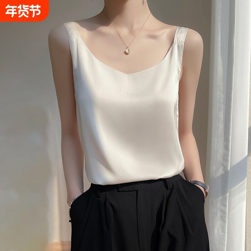 配西装醋酸吊带背心女内搭缎面打底真丝夏V领桑蚕丝白色黑色上衣