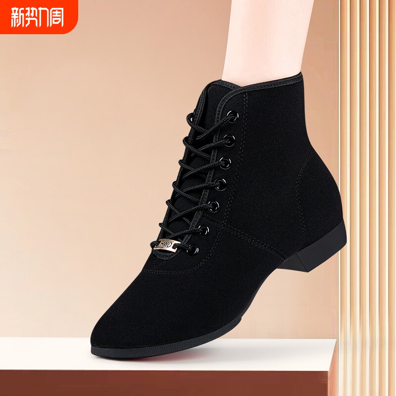 秋冬新款女士高帮舞蹈鞋交谊舞广场舞鞋黑色加绒成人软底跳舞鞋