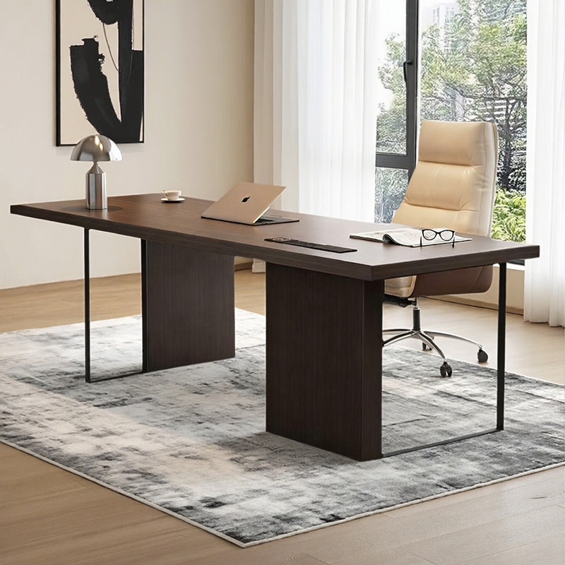 意式极简现代简约烟熏书桌家用实木复古电脑桌老板写字台办公桌