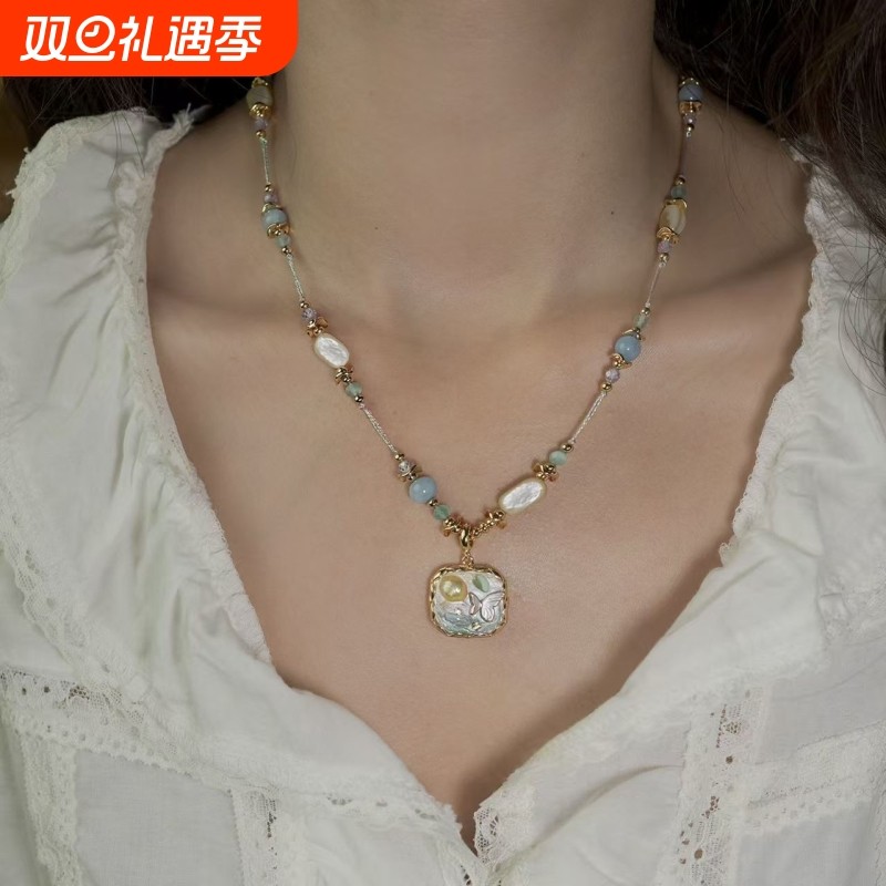 《虹彩糖豆》法式复古重工油画项链不规则珍珠吊坠颈链小众锁骨链