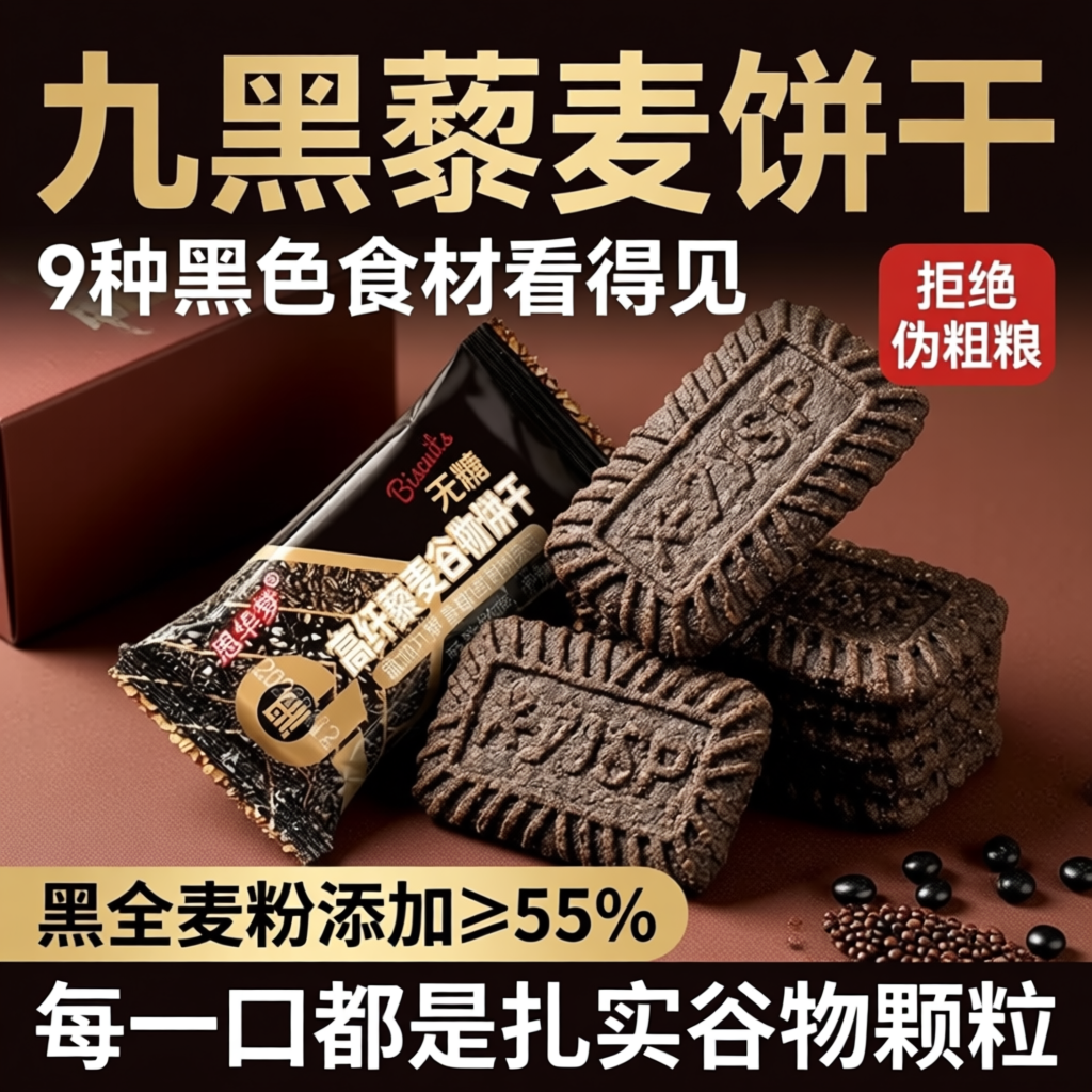 ！九黑藜麦谷物饼干无糖粗粮全麦五谷杂粮高纤蔗糖控糖代餐黑麦
