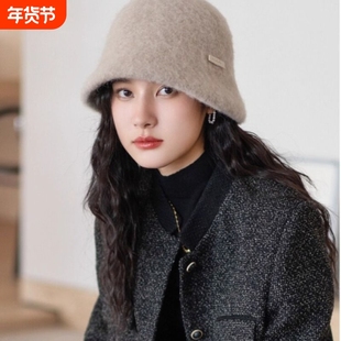 羊驼毛混羊毛渔夫帽子女款秋冬秘鲁进口保暖小盆帽韩版绒感防风