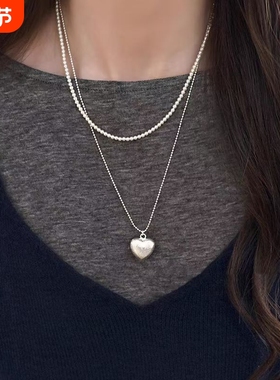 简约百搭拉丝爱心珍珠叠戴项链女轻奢小众高级感锁骨链银白色颈链