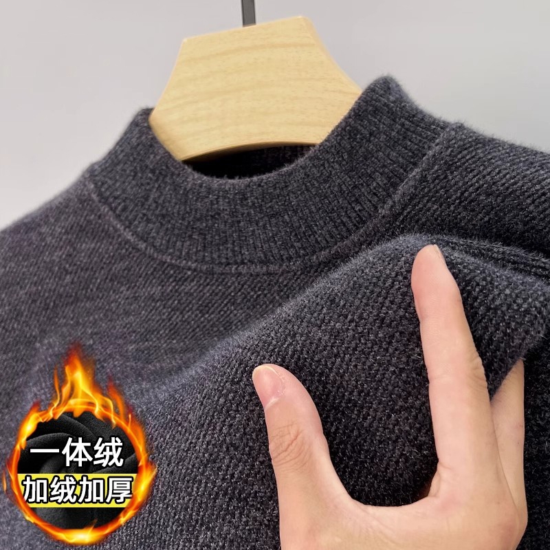 纯色一体绒半高领雪尼尔毛衣男士加绒加厚保暖上衣冬装打底衫冬天