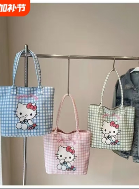 可爱帆布包少女手提袋单肩夏季百搭通勤大容量新款托特包蓝色斜挎