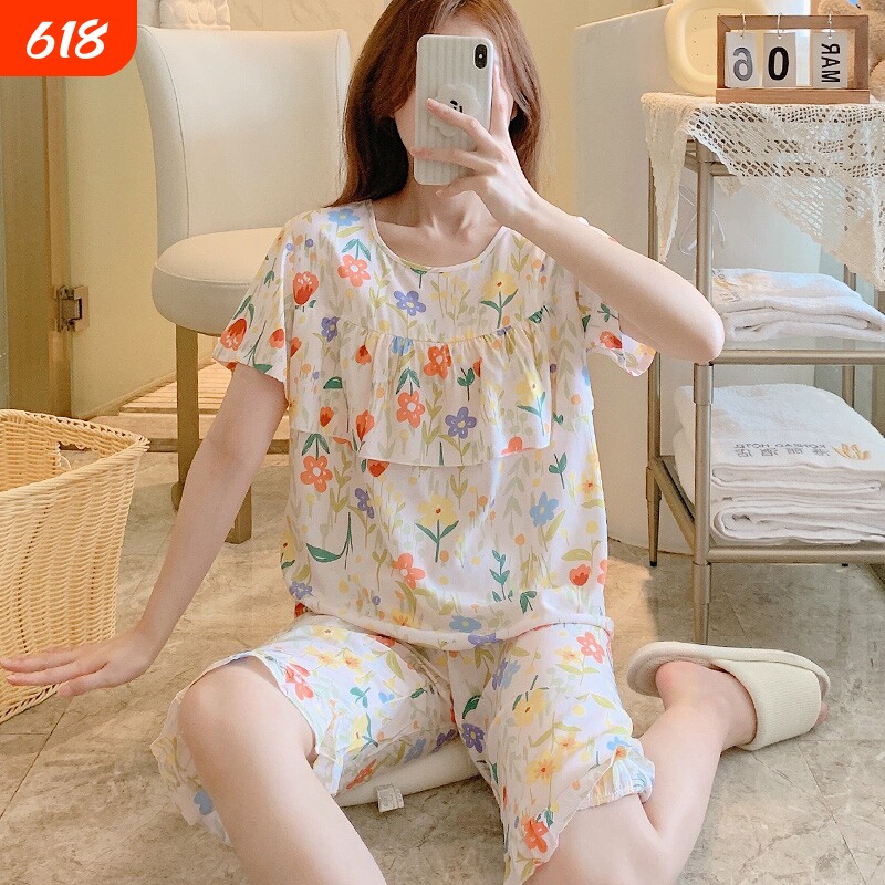 防凸点甜美睡衣女夏超薄棉绸夏天短袖中裤荷叶边套装家居服人造棉
