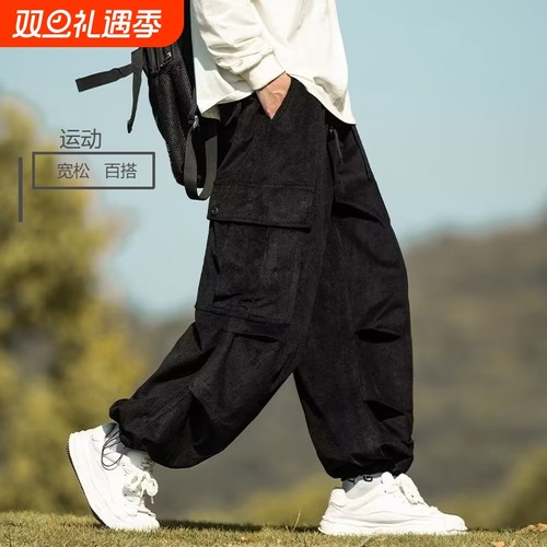 日系工装裤男秋冬运动休闲潮牌加绒加厚灯芯绒宽松阔腿运动裤黑色