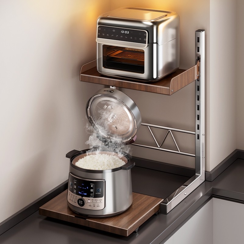 不锈钢电饭煲置物架厨房台面可抽拉微波炉架多功能放电器烤箱收纳