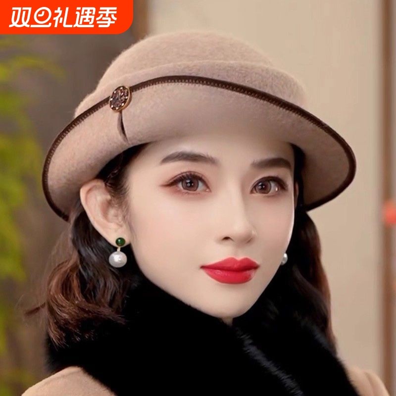 秋冬季100%羊毛礼帽女士保暖时尚百搭渔夫帽帽子黑色卷边红色优雅