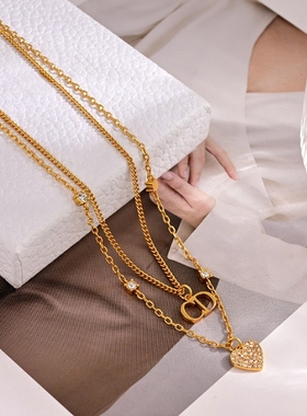 高定款D家新款满钻爱心吊坠双层项链女CD款镶钻锁骨链ins气质耳环