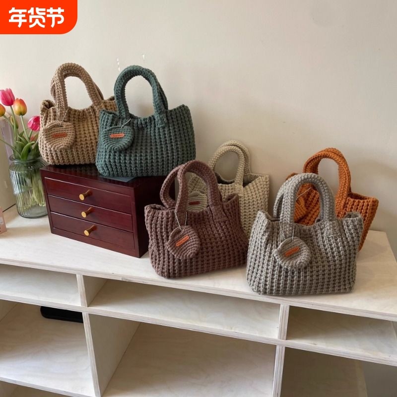 编织包ins手工钩织包可爱毛线手提包秋冬穿搭手拎手机包灰色绿色