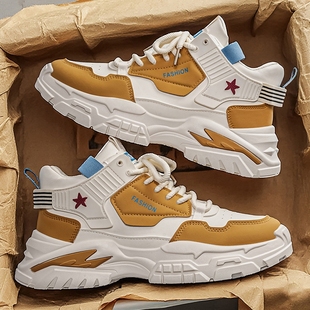 青少年运动初中学生跑步厚底皮面老爹鞋 冬季 子男 2025新款 高帮男鞋