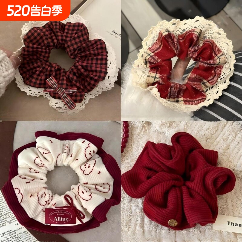 大肠红色发圈韩系新年发绳女生秋冬复古头绳头饰蕾丝新款蝴蝶结