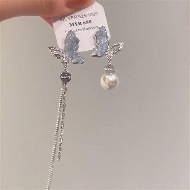 不对称蝴蝶水晶珍珠流苏耳环2024年新款显脸小耳饰耳钉女花朵水滴