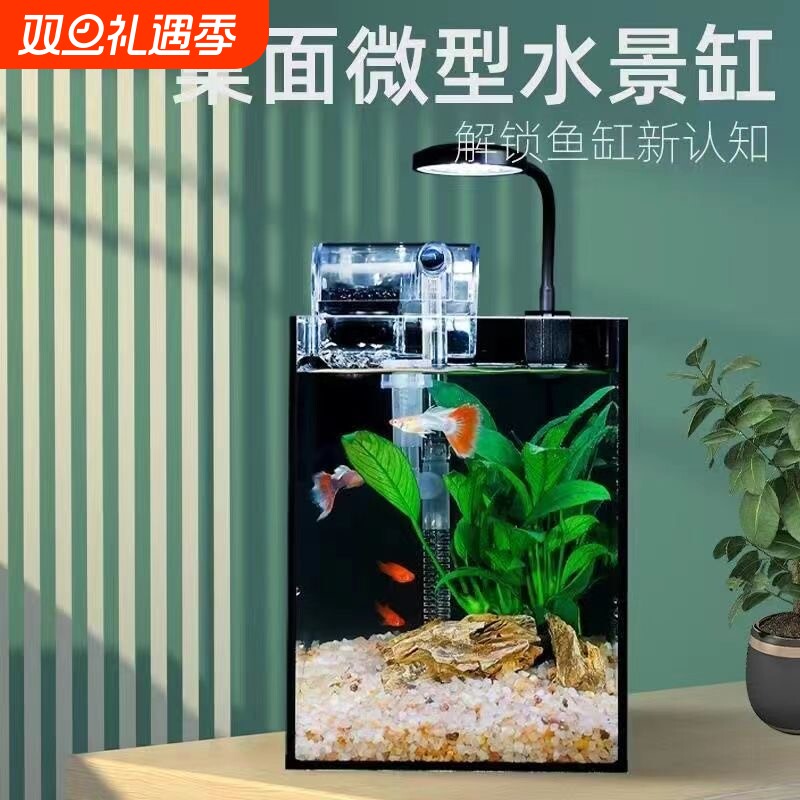 桌面造景小鱼缸加厚玻璃办公桌鱼缸书桌鱼缸免换水金鱼缸网红同款